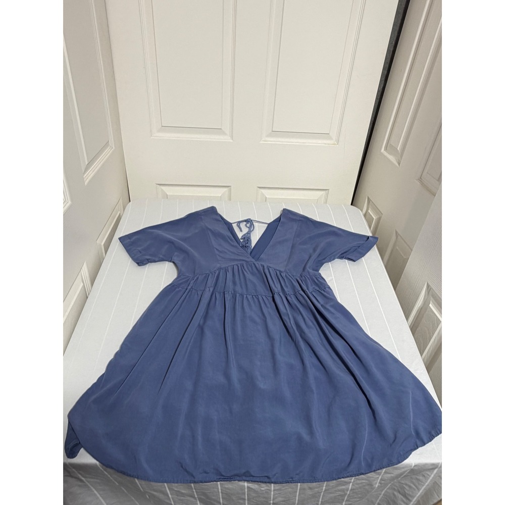 Boho Blue‎ V-Neck Babydoll Mini Dress Short Sleeve Tassel Back Tie Small